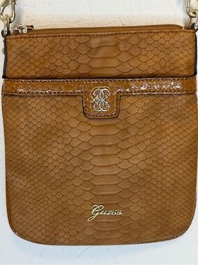 GUESS Tan Snake-Embossed Crossbody with Gold Accents